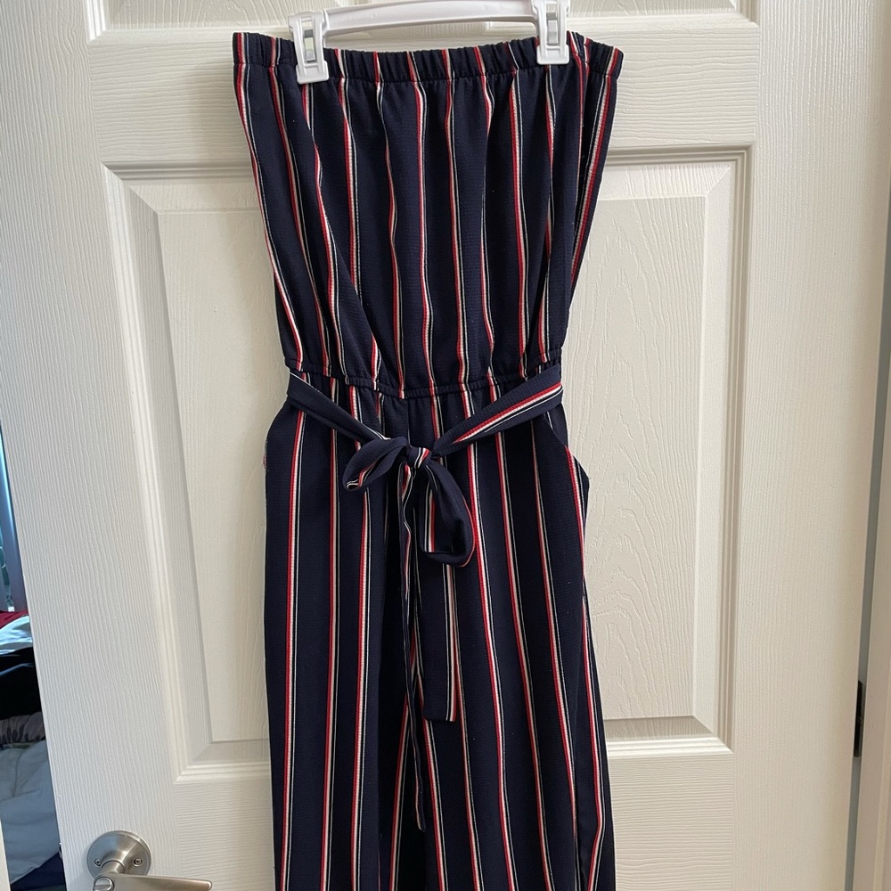 Navy Blue Striped Strapless Culotte Jumpsuit